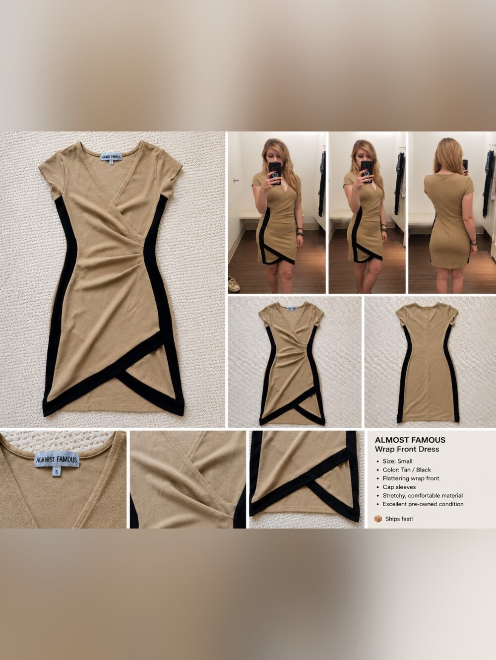 Almost Famous Tan Mini Dress with Black Trim